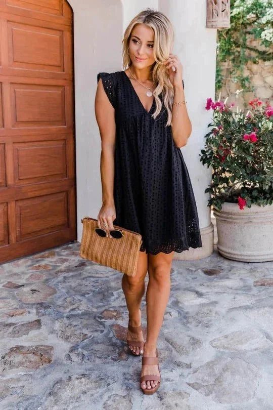 💖Summer V-neck short-sleeved hollow lace dress👗