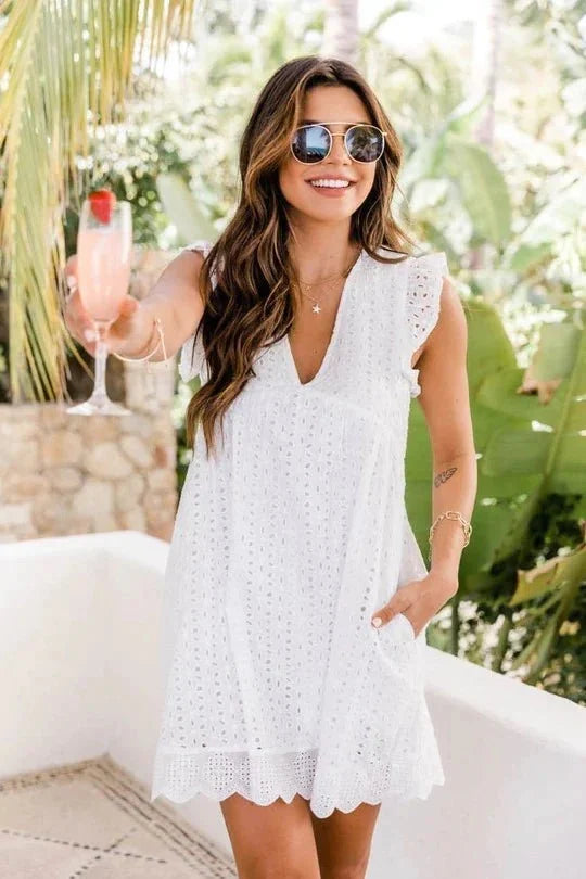 💖Summer V-neck short-sleeved hollow lace dress👗